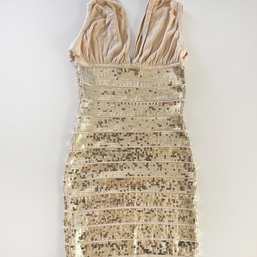 Arden B. Gold sequin beige stretchy knit bodycon dress SM - Picture 2 of 7